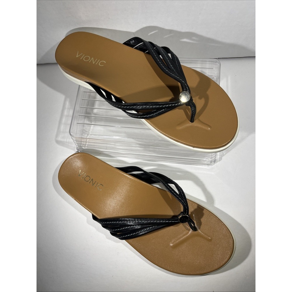 Vionic Catalina‎ Black Leather Thong Sandals Women's 9M Gold Disc Accent Comfort